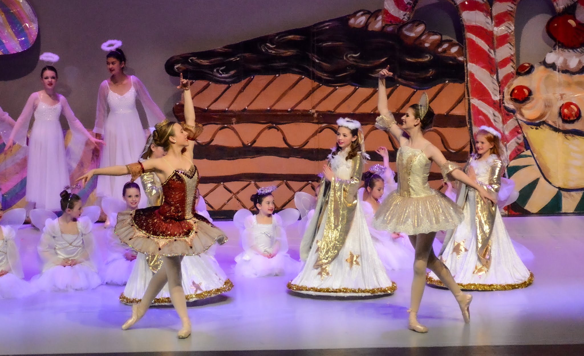Dancers in costume in the Nutcracker's Land of Sweets